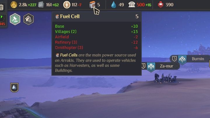 Fuel Cells are produced in Fuel Cell Factories and receive a 50% bonus if there's Geothermal Energy in the region - Dune Spice Wars: Fuel Cells - Resources and raw materials - Dune Spice Wars Guide