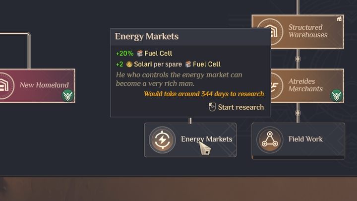 You can increase your Fuel Cells production even further via Research: Energy Markets - Dune Spice Wars: Fuel Cells - Resources and raw materials - Dune Spice Wars Guide