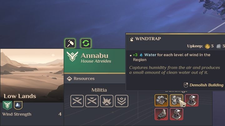 Each Windtrap provides +3 water for each level of wind in the region - Dune Spice Wars: Water - Resources and raw materials - Dune Spice Wars Guide