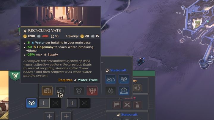 Some research projects, such as the Water Seller Contracts, can reduce your Water upkeep - Dune Spice Wars: Water - Resources and raw materials - Dune Spice Wars Guide