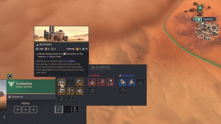 Click on the city and select a Refinery from the construction section in order to place it anywhere - Dune Spice Wars: Beginning of the game - Step by Step Walkthrough - Basics - Dune Spice Wars Guide