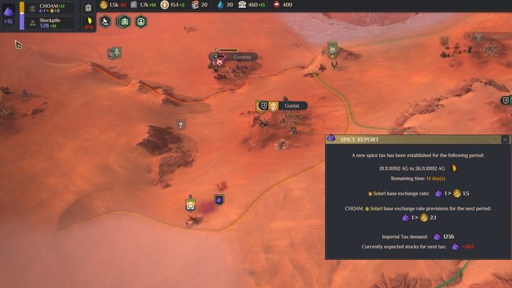 In the top left corner of the screen you can see how much spice you get per day - Dune Spice Wars: Beginning of the game - Step by Step Walkthrough - Basics - Dune Spice Wars Guide