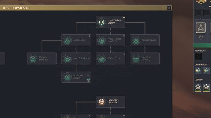 As soon as you capture your first village, you will have access to the Developments panel - Dune Spice Wars: Beginning of the game - Step by Step Walkthrough - Basics - Dune Spice Wars Guide