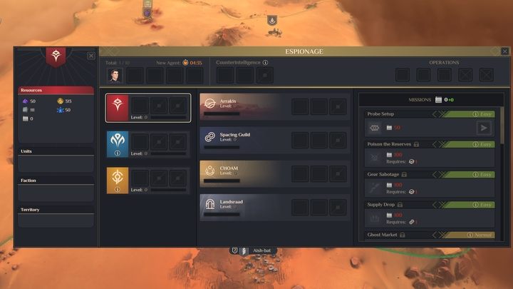 After the first 5 minutes of the game, you will receive an agent (magnifying glass icon on the right) - Dune Spice Wars: Beginning of the game - Step by Step Walkthrough - Basics - Dune Spice Wars Guide