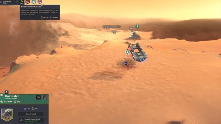 To protect yourself from the monster, you must move the army outside the threatened area, and recall Harvesters to the Refinery - click on the vehicle and select Recall - Dune Spice Wars: Sandworm - Basics - Dune Spice Wars Guide
