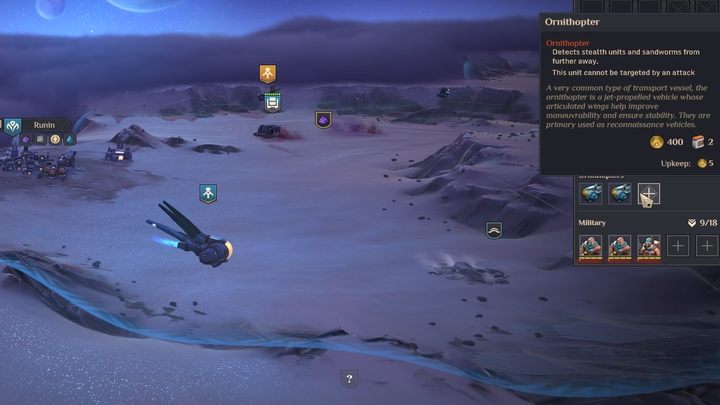 The basic Ornithopter model costs 400 Solari and 2 Fuel Cells - Dune Spice Wars: Points of Interests - description and list - Basics - Dune Spice Wars Guide