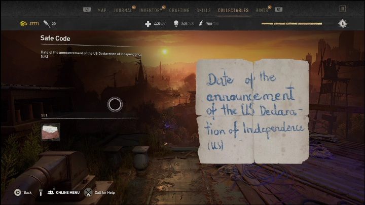 The note with the safe code can be found on the table in the middle of the destroyed bridge - Dying Light 2: Safe codes - list of all - Secrets & Collectables - Dying Light 2 Guide