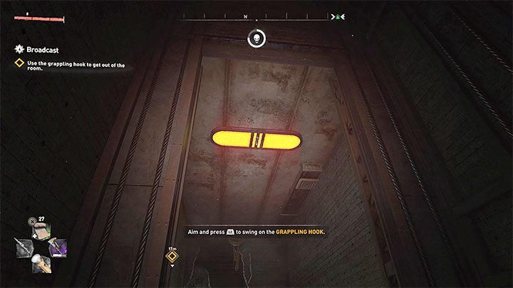 The new gadget shots a line with a hook, which can attach to various surfaces - this only applies to those where the crosshair icon appears (you have to set the grappling hook as the active) - Dying Light 2: Broadcast - walkthrough - Story quest - Dying Light 2 Guide