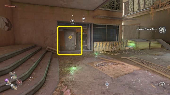 After clearing the square, approach the place shown in the picture above and knock on the metal obstacle to communicate with the people inside the building - Dying Light 2: The Lost Light - walkthrough - Story quest - Dying Light 2 Guide