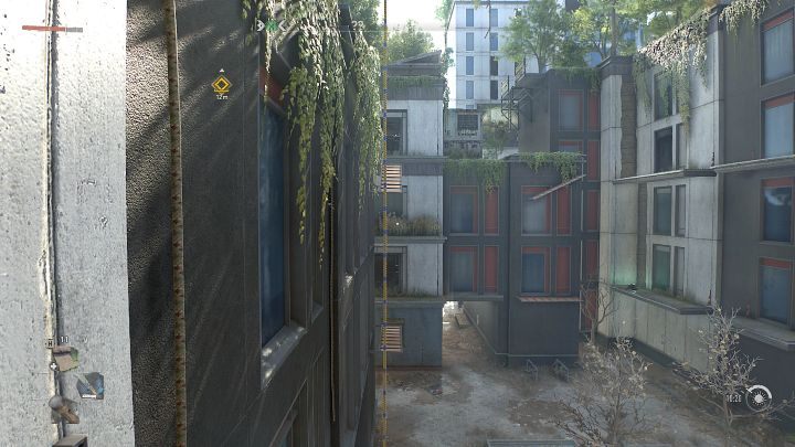 Now take a run-up again, grab the rope, jump over to the narrow platform and climb onto the roof - Dying Light 2: The Lost Light - walkthrough - Story quest - Dying Light 2 Guide