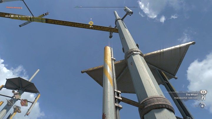 Approach the place shown in the picture above and wait for the vertical pole on the right to line up more or less with the edge of the platform, then jump on it and climb onto the platform - Dying Light 2: Empire - walkthrough - Story quest - Dying Light 2 Guide