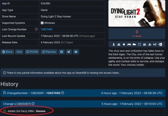Three days before the game's premiere, information appeared on the Steam platform confirming that Dying Light 2 is protected by Denuvo DRM technology - Dying Light 2: Denuvo - is it in game? - Appendix - Dying Light 2 Guide