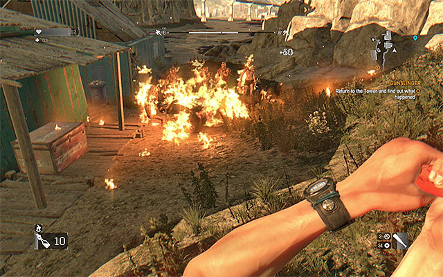 Using Molotov Cocktails, you can burn whole groups of Infected. - Throwing weapons | Combat - Combat - Dying Light Game Guide