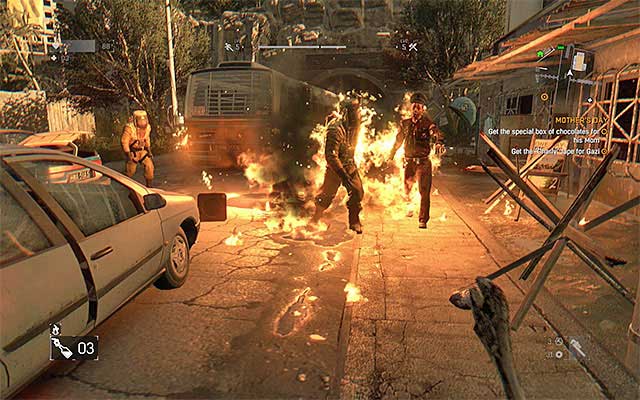 Kill the monsters near the movie store or distract them using Firecrackers. - 1: Mothers Day | Side quests - The Slums - Side quests - The Slums - Dying Light Game Guide