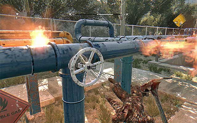 One of the three valves on the blue line. - 7: Gassed Up | Side quests - The Slums - Side quests - The Slums - Dying Light Game Guide