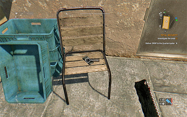 You will find the recorder on the chair. - 23: Total Security | Side quests - The Slums - Side quests - The Slums - Dying Light Game Guide