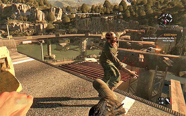 A kick is a good way for throwing a zombie off the roof. - The use of parkour and environment elements | Combat - Combat - Dying Light Game Guide