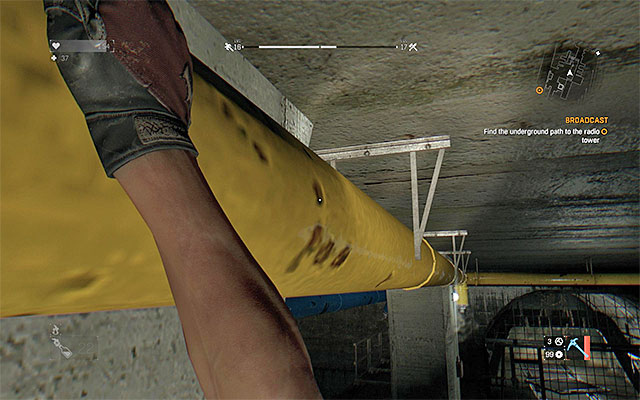 Look up and grab on to the yellow pipe shown in the above screenshot - 13: Broadcast - part 2 | Main quests - Antenna - Main quests - Antenna - Dying Light Game Guide