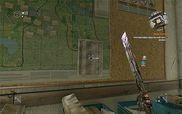 Before you leave the room, find Keys to the mail van and a Note (presented in the picture) which will help you to establish the location of the vehicle - Going Postal | Side quests - Jasirs Farm - Jasirs Farm | Side Quests - Dying Light: The Following Game Guide