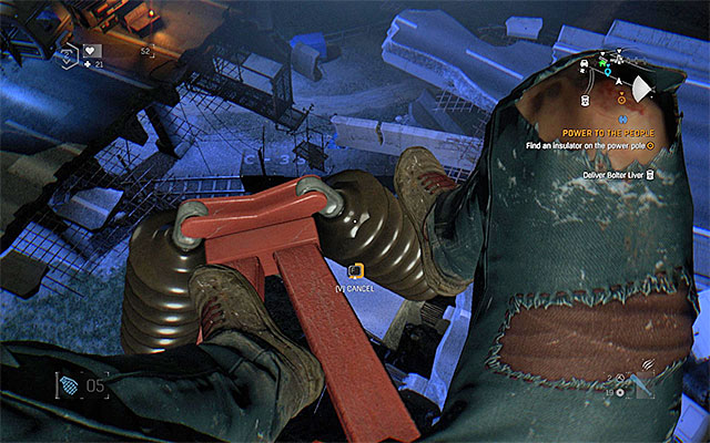 After you climb to the very top, walk over to one of the end-fragments of the support and interact with the insulator - an example item of this type has been has been shown in the above screenshot - Power to the People | Side quests - The Gas Station - The Gas Station | Side Quests - Dying Light: The Following Game Guide