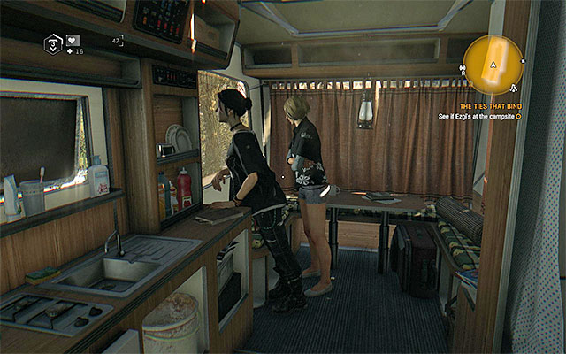 Ezgi is hiding in one of the trailers, with her friend - The Ties That Bind | Side quests - Jasirs Farm - Jasirs Farm | Side Quests - Dying Light: The Following Game Guide