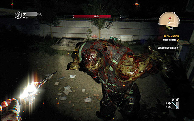 If you are planning on taking the enemy out with a melee weapon, you can use the same method as above, focusing on running around the courtyard and waiting for a chance to attack - How to defeat Holler? | Side quests - Other locations - Other locations | Side Quests - Dying Light: The Following Game Guide