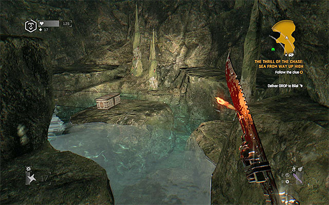 Dive and swim South (while remaining within the yellow area) - The Thrill of the Chase: Sea from Way Up High | Side quests - Jasirs Farm - Jasirs Farm | Side Quests - Dying Light: The Following Game Guide