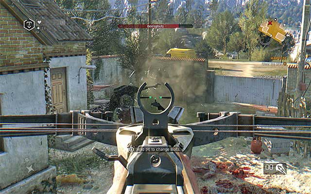 You can attack the boss either from one of the rooftops or the other side of the gate - Harvest (Beelzebufo boss) | Side quests - The Gas Station - The Gas Station | Side Quests - Dying Light: The Following Game Guide