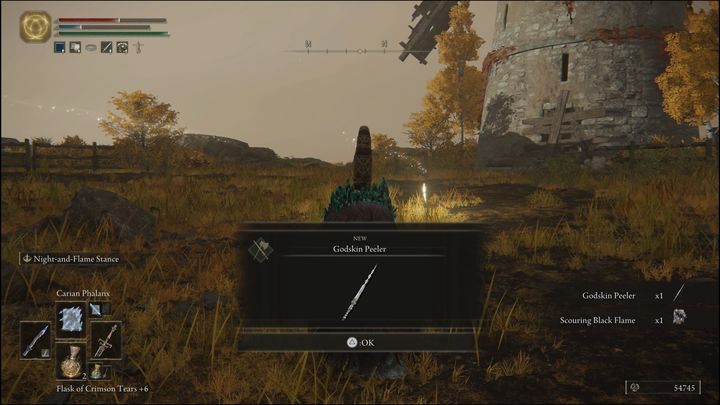 For defeating the Godskin Apostle in the Windmill Heights location, you will receive his weapon, Godskin Peeler and the Scouring Black Flame spell - Elden Ring: How to beat Godskin Apostle? - Elden Ring: All bosses in Caelid - Elden Ring Guide