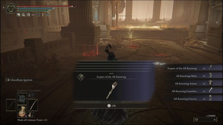 For defeating Sir Gideon Ofnir, the All-Knowing, you will receive 150,000 Runes, his weapon, the Scepter of the All-Knowing and the All-Knowing's Set - Elden Ring: How to beat Sir Gideon Ofnir, the All-Knowing? - Elden Ring: All bosses in Leyndell, Ashen Capital - Elden Ring Guide