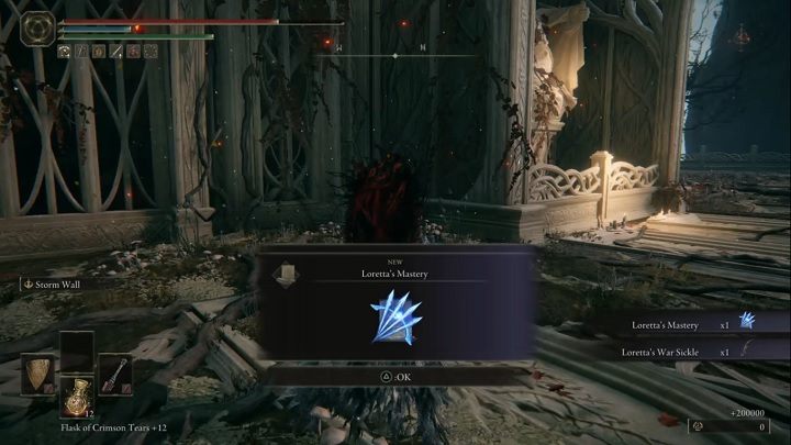 For defeating Loretta, Knight of the Holy Tree, you will receive Runes (200,000) and Loretta 's Mastery and Loretta 's War Sickle - Elden Ring: How to beat Loretta, Knight of the Haligtree? - Elden Ring: All bosses in Miquellas Haligtree - Elden Ring Guide