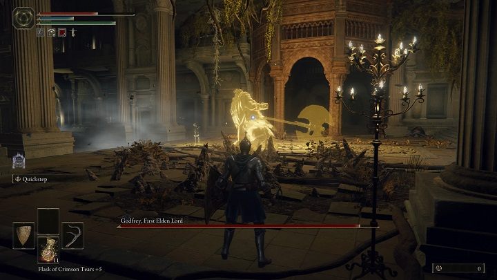 Godfrey often uses strong stomps that cause the stones in front of him to "explode" - Elden Ring: How to beat Godfrey, First Elden Lord? - Elden Ring: All bosses in Leyndell, the royal capital - Elden Ring Guide