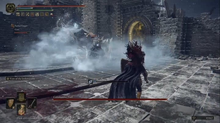 Commander Niall will become much more aggressive after you kill his helpers - Elden Ring: How to beat Commander Niall? - Elden Ring: All bosses in Mountaintops of the Giants - Elden Ring Guide