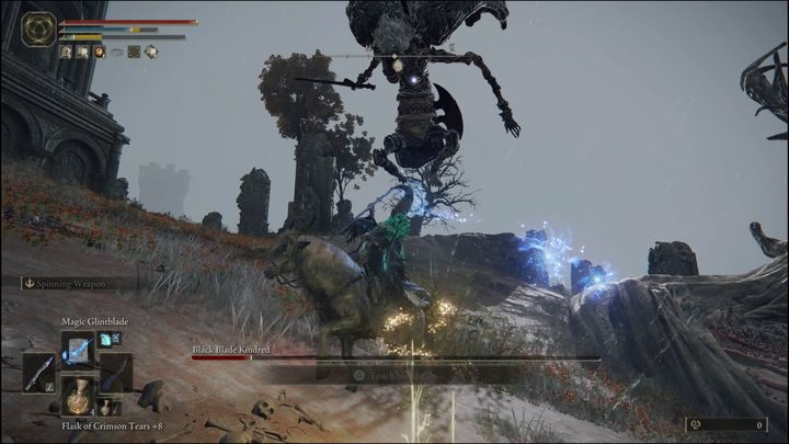 The boss will often fly up into the air and attack with white weapon As soon as you see that he rises into the air, quickly head the other way on your mount and use, for example, Magic Glintblade or Glimstone spell - Elden Ring: How to beat Black Blade Kindred? - Elden Ring: All bosses in Greyoll Dragonbarrows - Elden Ring Guide