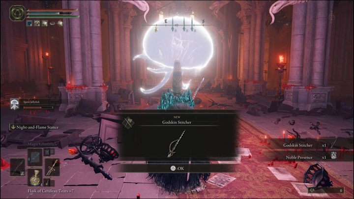 For defeating Godskin Noble, you will receive Runes (50,000), Godskin Stitcher and Incantation: Noble Presence - Elden Ring: How to beat Godskin Noble? - Elden Ring: All bosses in Volcano Manor - Elden Ring Guide