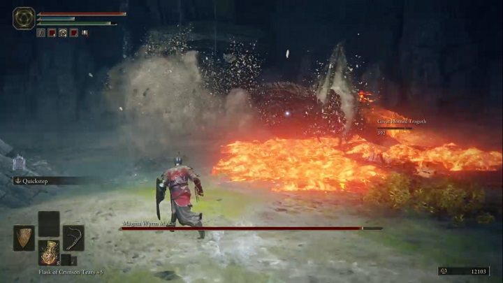 in one of his attacks the enemy charges forward and breathes fire - Elden Ring: How to beat Magma Wyrm Makar? - Elden Ring: All bosses in Liurnia of the Lakes - Elden Ring Guide