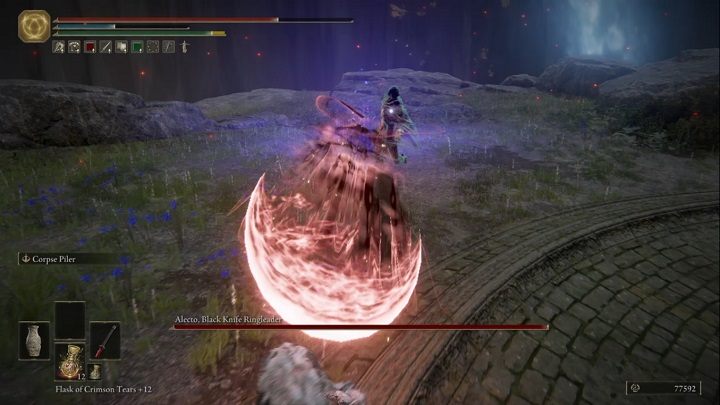 If you are at a medium distance from the enemy, he may fire a projectile (similar one to Black Knife Assassin) - Elden Ring: How to beat Alecto, Black Knife Ringleader? - Elden Ring: All bosses in Liurnia of the Lakes - Elden Ring Guide