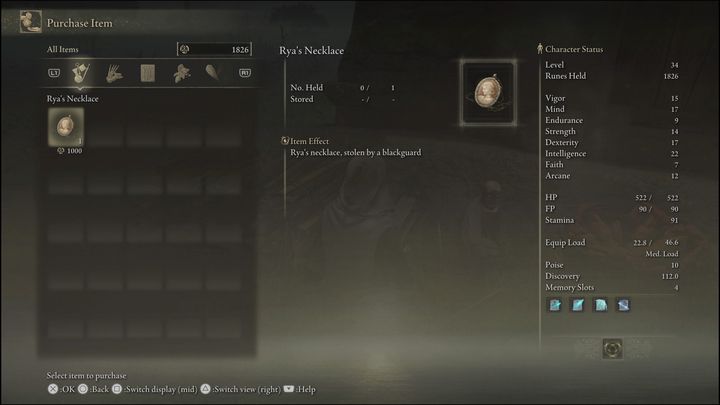 Rya's Necklace will cost you 1000 Runes - Elden Ring: Rya / Zorayas - walkthrough - Elden Ring: Quests - Elden Ring Guide