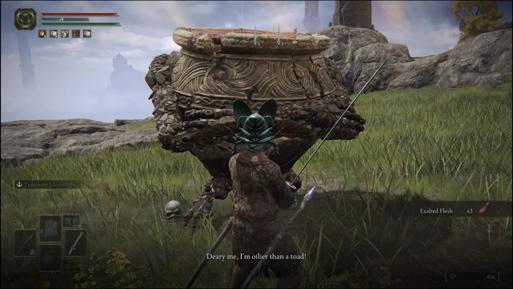 You need to get a pot filled with oil and throw it at Alexander to free him from the ground (you may need several throws) - Elden Ring: Iron Fist Alexander questline - walkthrough - Elden Ring: Quests - Elden Ring Guide