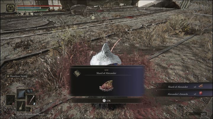 Completing Alexander's quest yields Shard of Alexander and Alexander's Innards - the second item is needed to complete Jar's questline - Elden Ring: Iron Fist Alexander questline - walkthrough - Elden Ring: Quests - Elden Ring Guide