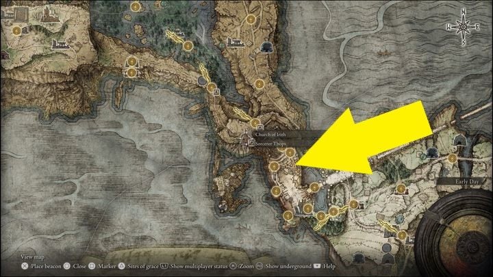 Nephela's exact location is marked in the screenshot with a yellow arrow - Elden Ring: Nepheli Loux - walkthrough - Elden Ring: Quests - Elden Ring Guide