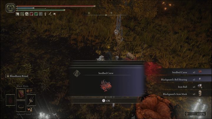 After completing Blackguard Boggart quest, you'll receive the Seedbed Curse, and Blackguard's Bell Bearing that allows you to buy prawns which increase physical damage when consumed - Elden Ring: Dung Eater / Blackguard Boggart questline - walkthrough - Elden Ring: Quests - Elden Ring Guide