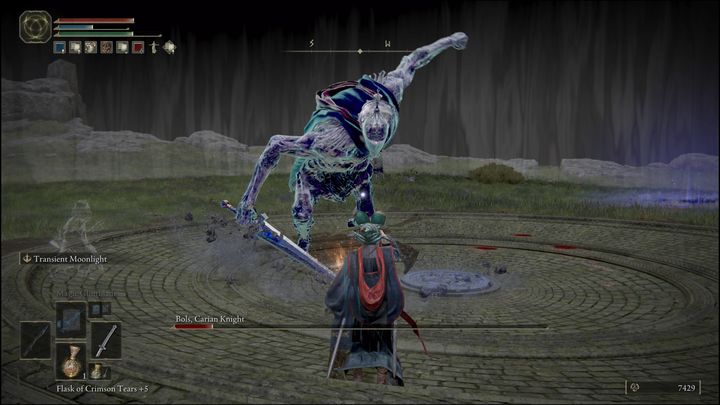 If you aren't close enough or standing in front of the boss, he will start swinging his sword and strike with his hand a few times - Elden Ring: How to beat Bols, Carian Knight? - Elden Ring: All bosses in Liurnia of the Lakes - Elden Ring Guide