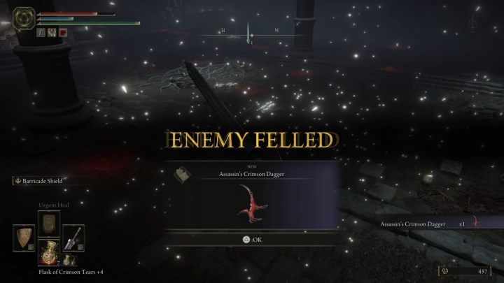 For defeating the Black knife assassin, you will receive 1,600 runes and Assassin's Crimson Dagger - Elden Ring: How to beat Black Knife Assassin? - Elden Ring: All bosses in Limgrave - Elden Ring Guide