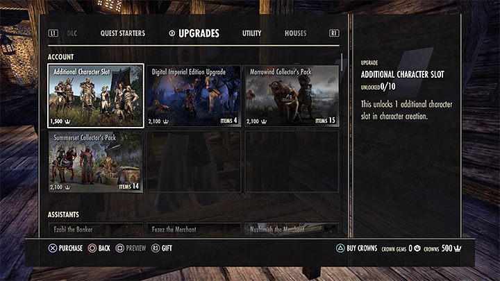 If the default number of character slots is not enough for you, you can buy more slots - ESO: Managing different characters, tips - Starting the game - The Elder Scrolls Online Guide