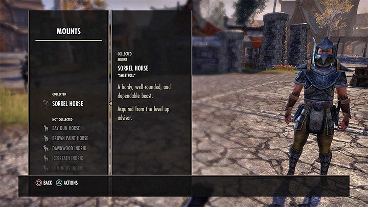 The first horse awarded by the game can be found by selecting the Collections tab from the Options menu and then choose the Mounts section - ESO: Mounts - how to get a horse? - Game guide - The Elder Scrolls Online Guide