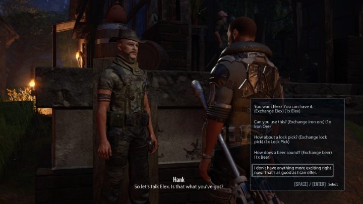 After waiting enough time, return to Hank - he will be in the same place - Elex 2: Bartering with Hank (Tavar) - walkthrough - Tavar - Elex 2 Guide