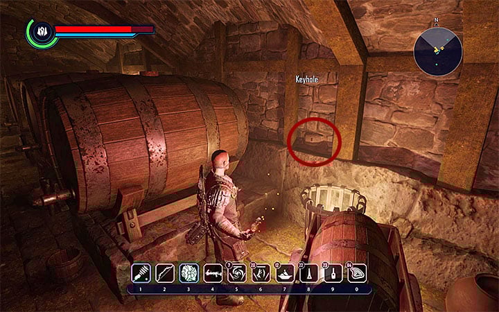 Find one of the two entrances that lead to the basement, located under the tavern, and enter the main room (the one with big barrels) - Elex: On Behalf of the Claws - Walkthrough - Abessa - Elex Game Guide