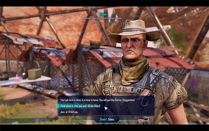 The choices that you can make during the conversation with Rider - Elex: Reaching Regent Rank (The Clerics) - Walkthrough - The Clerics - Elex Game Guide