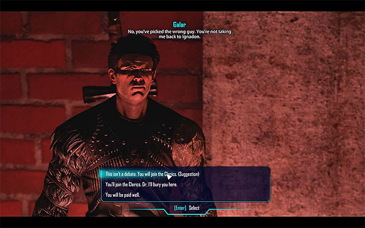 The choices that you can make during the conversation with Galar - Elex: Reaching Regent Rank (The Clerics) - Walkthrough - The Clerics - Elex Game Guide